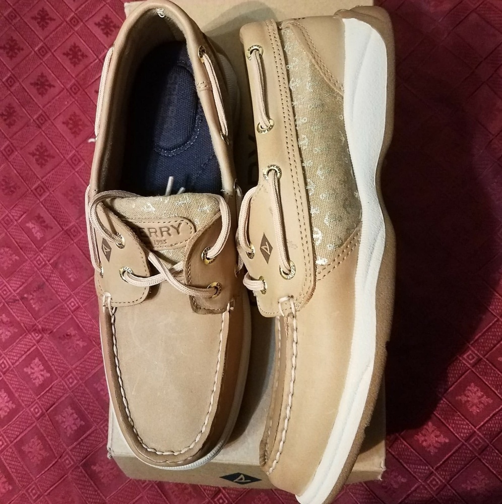 Intrepid Anchor Linen Gold Leather Tan Boat Sperry